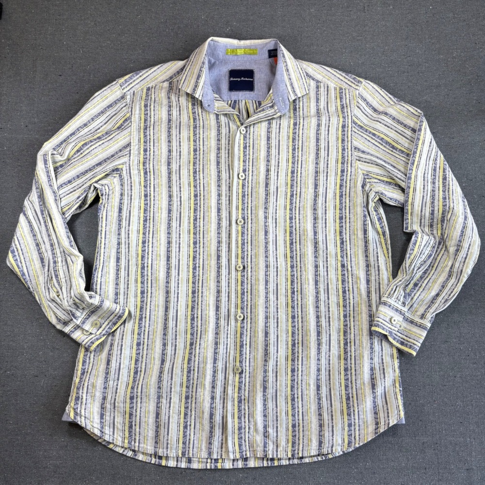 Tommy Bahama Mens M Blue Yellow Striped Floral Jacquard Cotton Button Down Shirt
